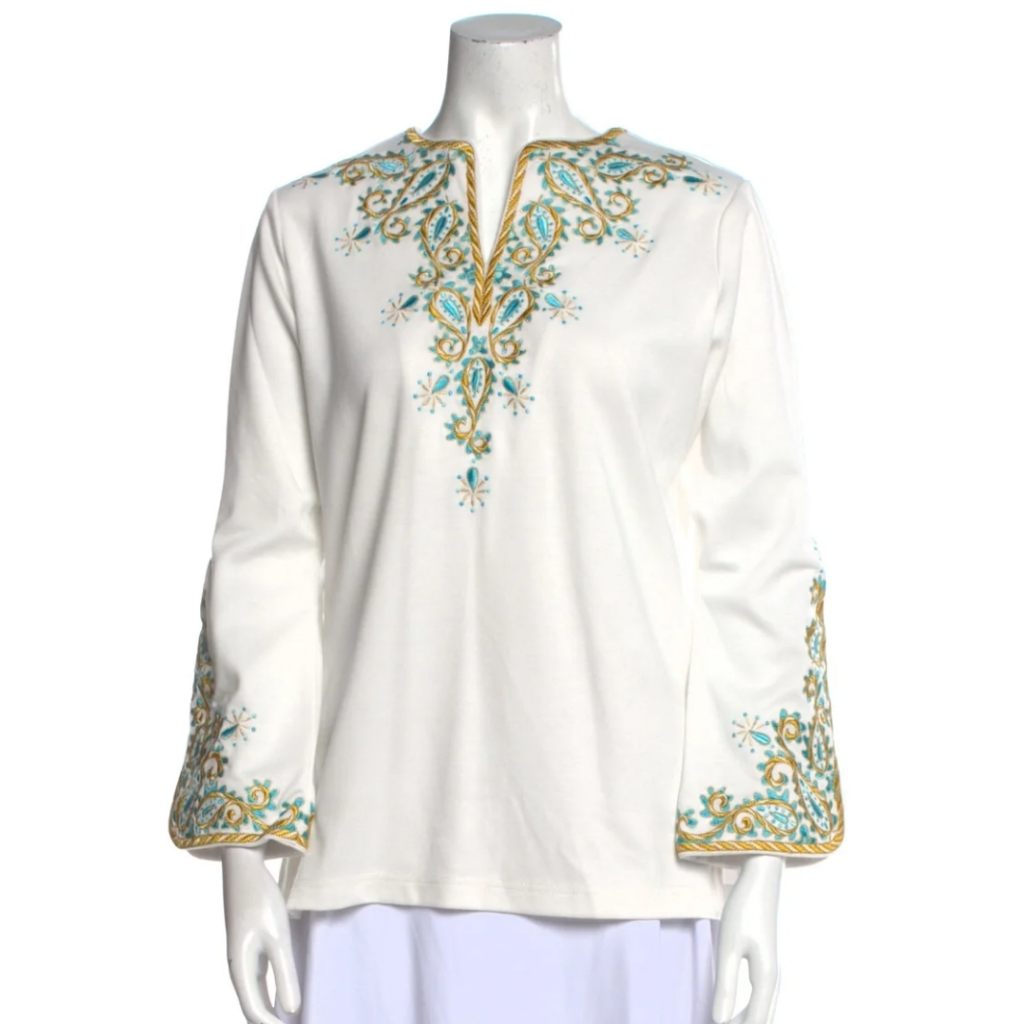 Bob Mackie Wearable Art Womens White Embroidered V-Neck Bell Sleeve Tunic Top